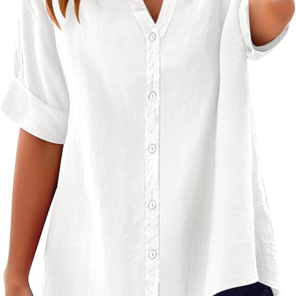 Womens 3/4 Sleeve Button Down Shirts Cotton Linen Roll Up Short Sleeve Tops V Ne - Picture 2 of 6